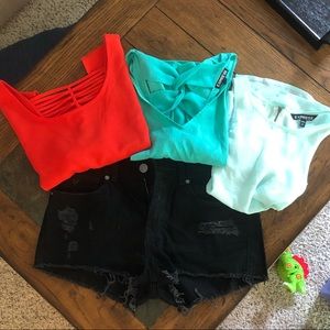 3 tops with high waisted shorts